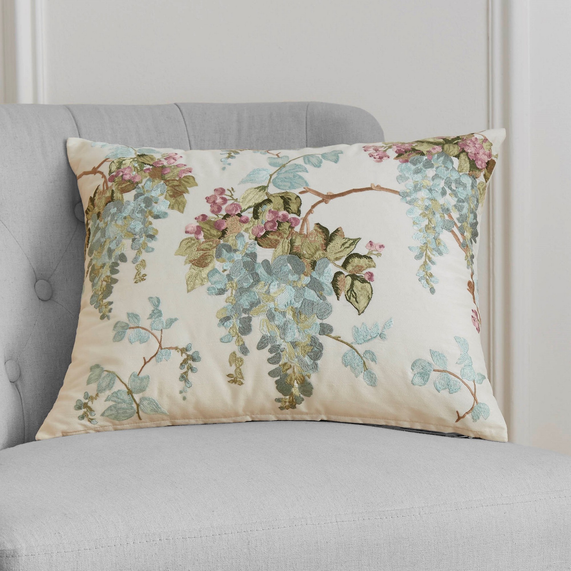 Wisteria Embroidered Floral Cushion By Laura Ashley In Duck Egg Blue